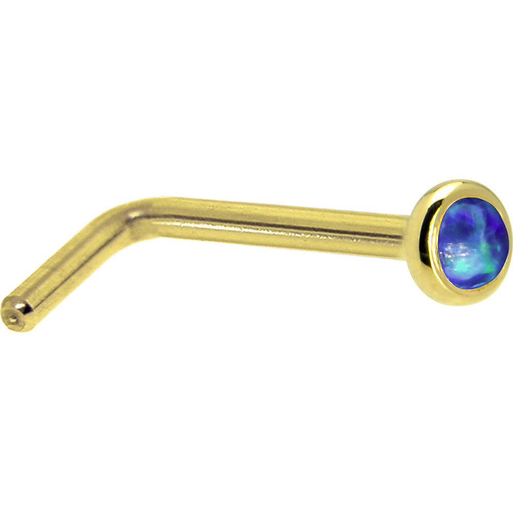 Solid 14K Yellow Gold 2mm Dark Blue Synthetic Opal Nose Ring