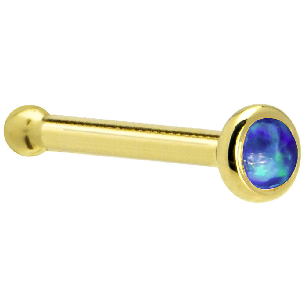 Solid 14K Yellow Gold 2mm Dark Blue Synthetic Opal Nose Ring