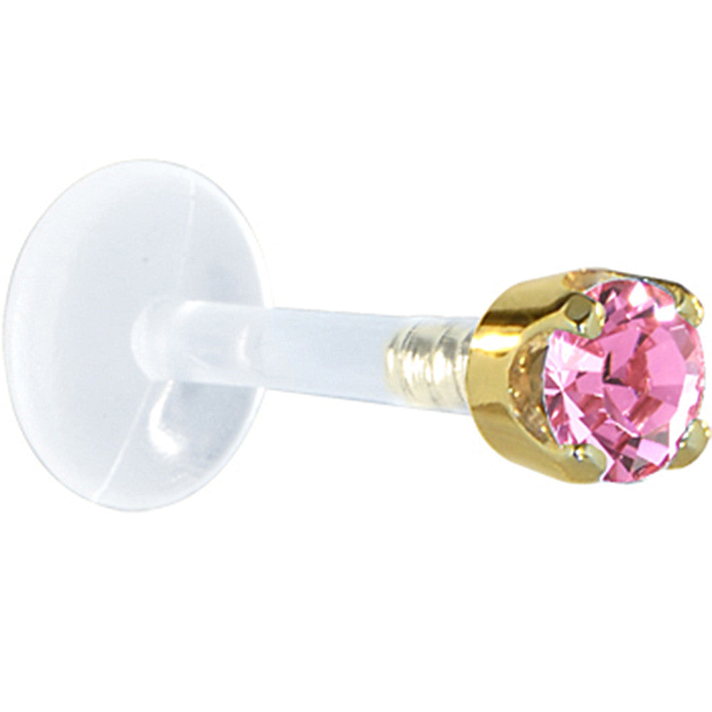 16G 1/4 Solid 14K Yellow Gold 3mm Pink Cubic Zirconia Bioplast Tragus Earring Stud
