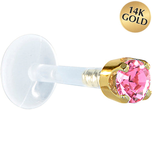 16G 1/4 Solid 14K Yellow Gold 3mm Pink Cubic Zirconia Bioplast Tragus Earring Stud