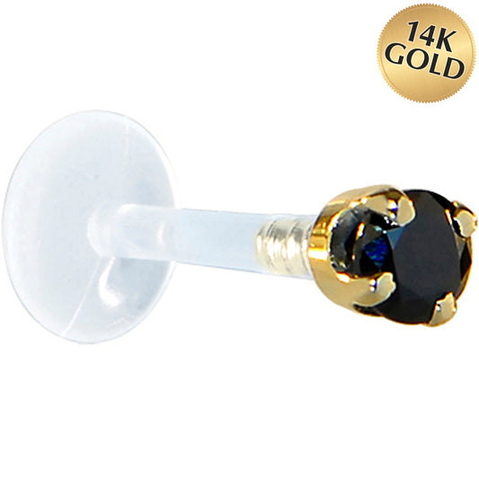 16G 1/4 Solid 14K Yellow Gold 3mm Black Cubic Zirconia Bioplast Tragus Earring Stud