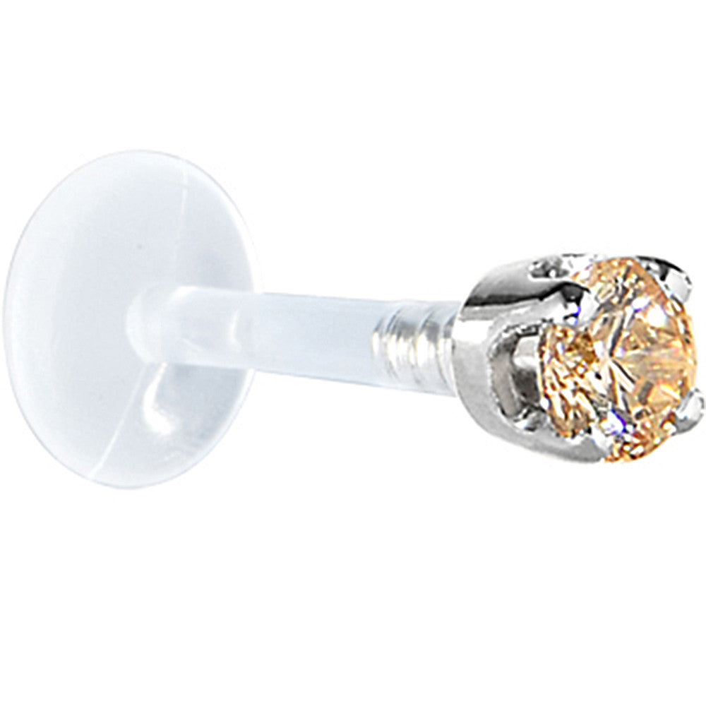 16G 1/4 Solid 14K White Gold 3mm Champagne Cubic Zirconia Bioplast Tragus Earring Stud