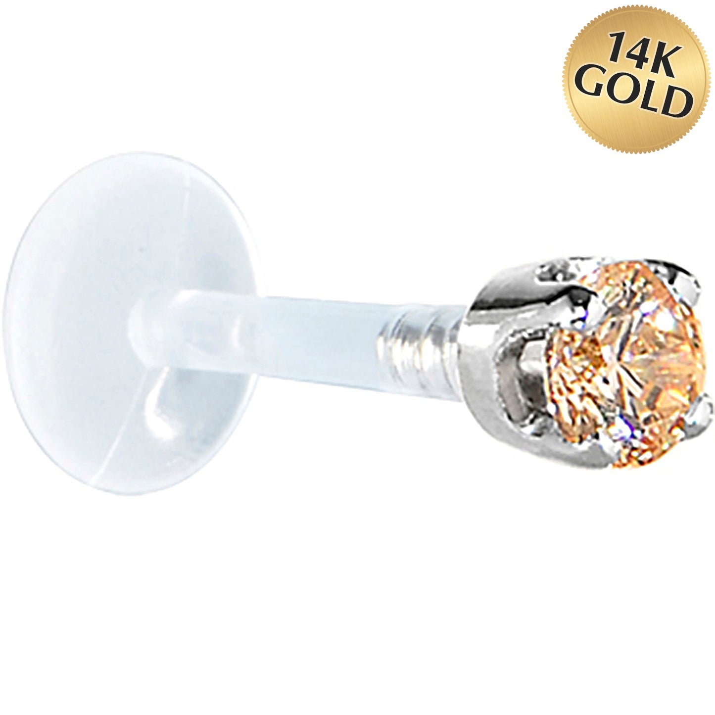 16G 1/4 Solid 14K White Gold 3mm Champagne Cubic Zirconia Bioplast Tragus Earring Stud