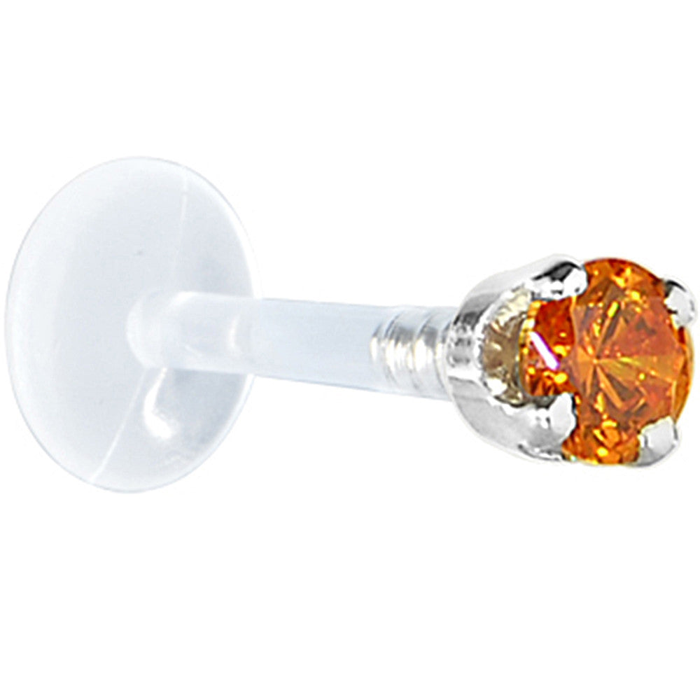 16G 1/4 Solid 14K White Gold 3mm Orange Cubic Zirconia Bioplast Tragus Earring Stud