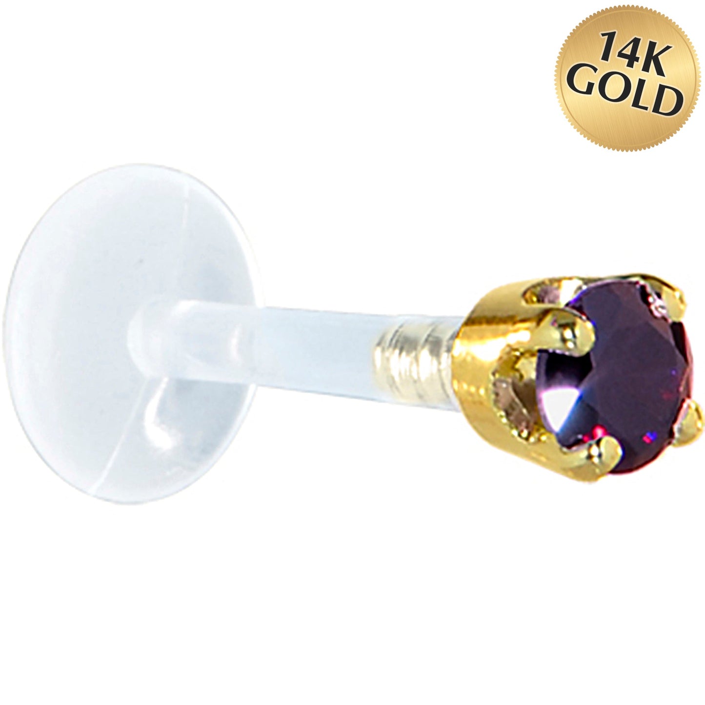 16G 1/4 Solid 14K Yellow Gold 3mm Amethyst Cubic Zirconia Bioplast Tragus Earring Stud
