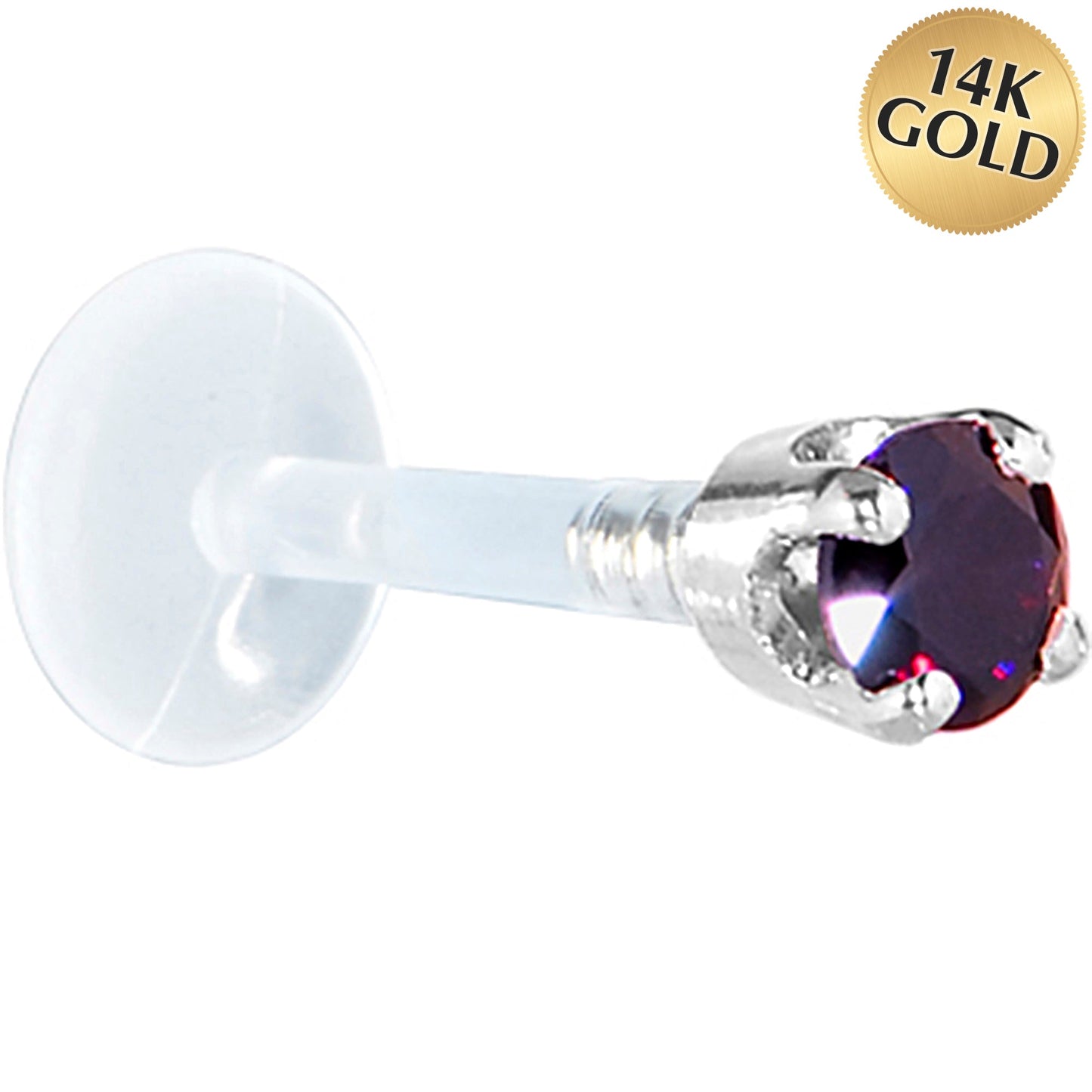 16G 1/4 Solid 14K White Gold 3mm Amethyst Cubic Zirconia Bioplast Tragus Earring Stud