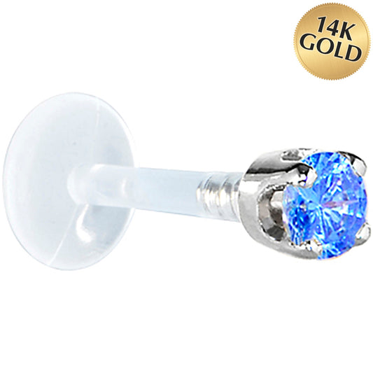 16G 1/4 Solid 14K White Gold 3mm Arctic Blue Cubic Zirconia Bioplast Tragus Earring Stud