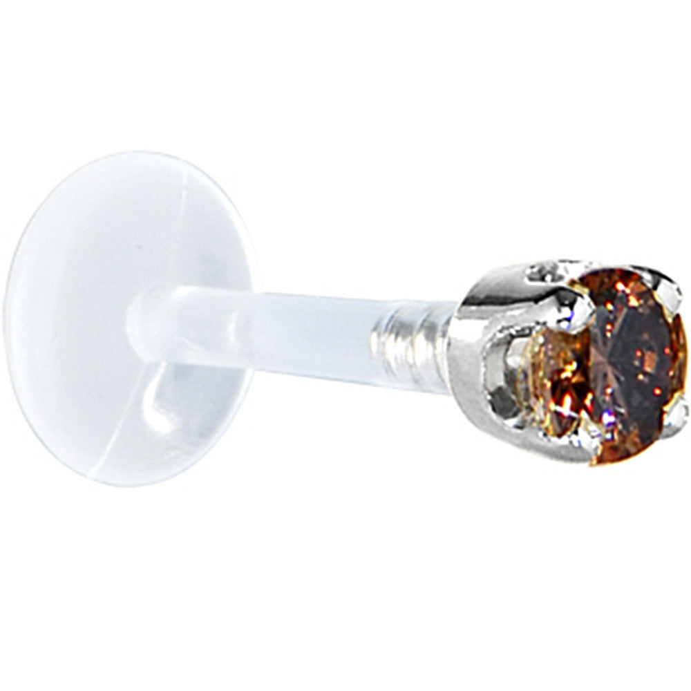 16G 1/4 Solid 14K White Gold 3mm Brown Cubic Zirconia Bioplast Tragus Earring Stud