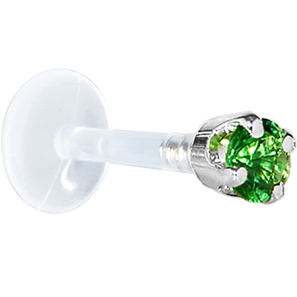 16G 1/4 Solid 14K White Gold 3mm Green Cubic Zirconia Bioplast Tragus Earring Stud