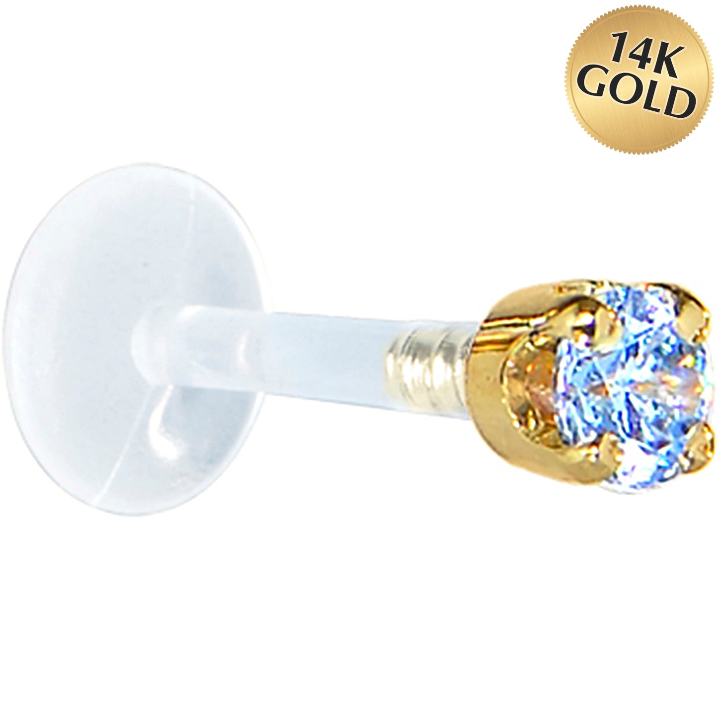 16G 1/4 Solid 14K Yellow Gold 3mm Plexi Blue Cubic Zirconia Bioplast Tragus Earring Stud