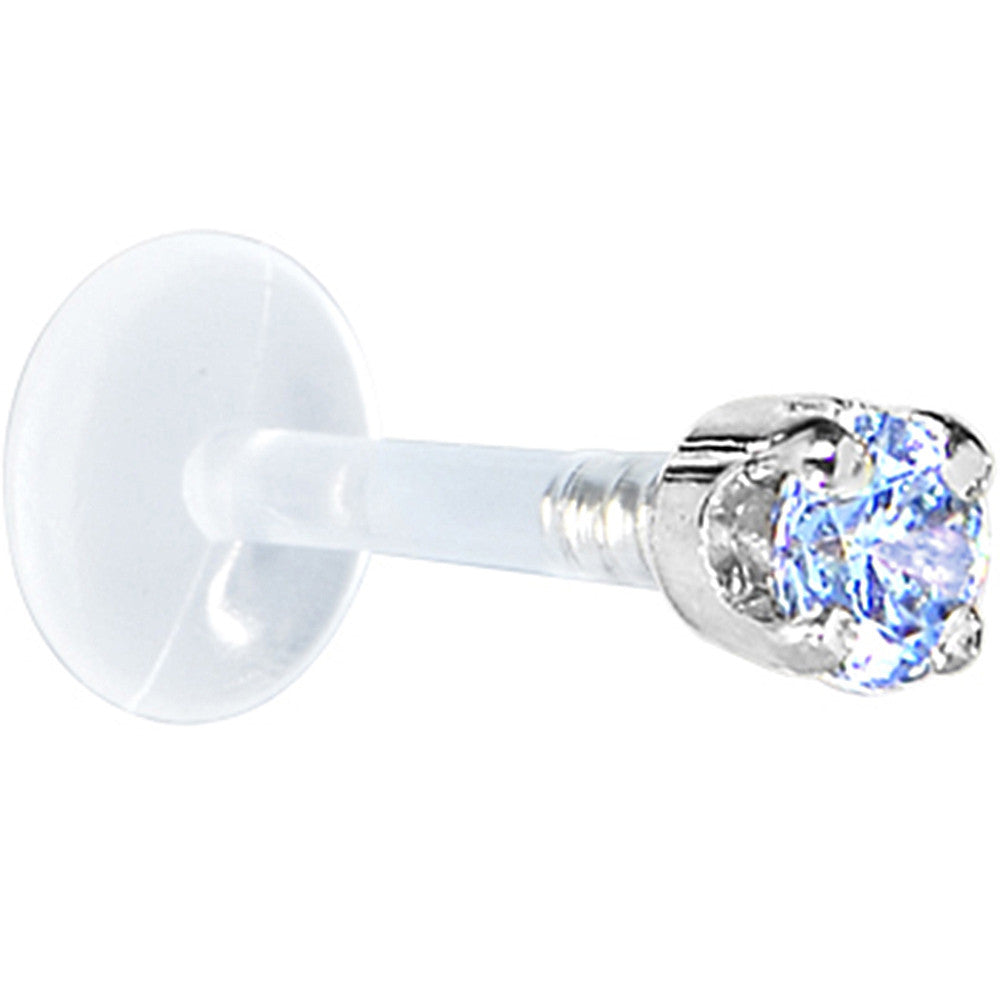 16G 1/4 Solid 14K White Gold 3mm Plexi Blue Cubic Zirconia Bioplast Tragus Earring Stud