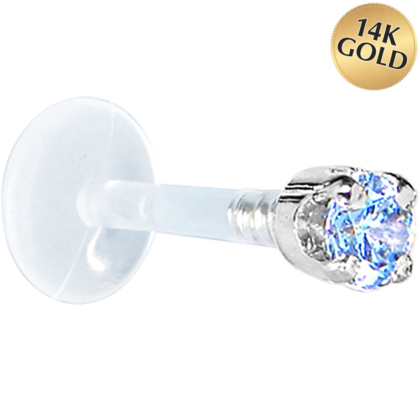 16G 1/4 Solid 14K White Gold 3mm Plexi Blue Cubic Zirconia Bioplast Tragus Earring Stud