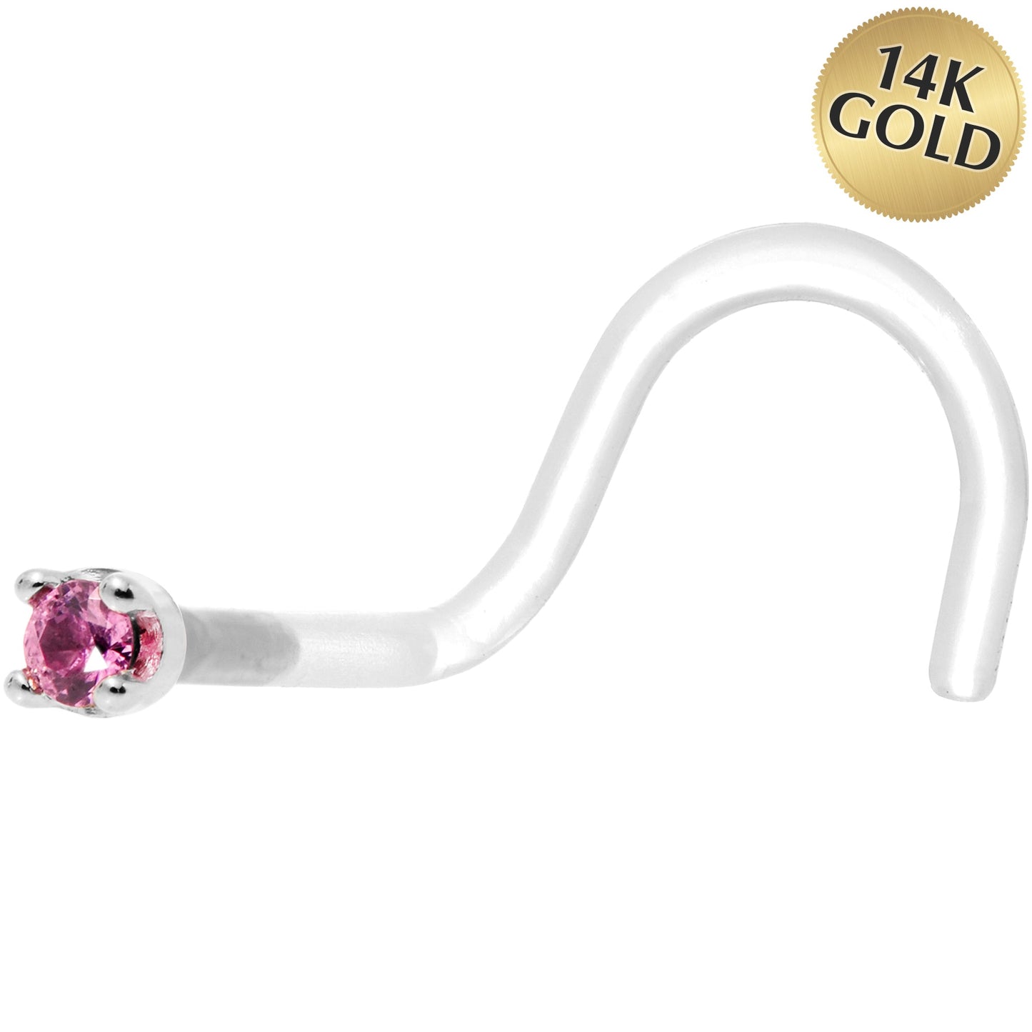 18G 1/4 White Gold 1.5mm Genuine Pink Sapphire Bioplast Nose Ring