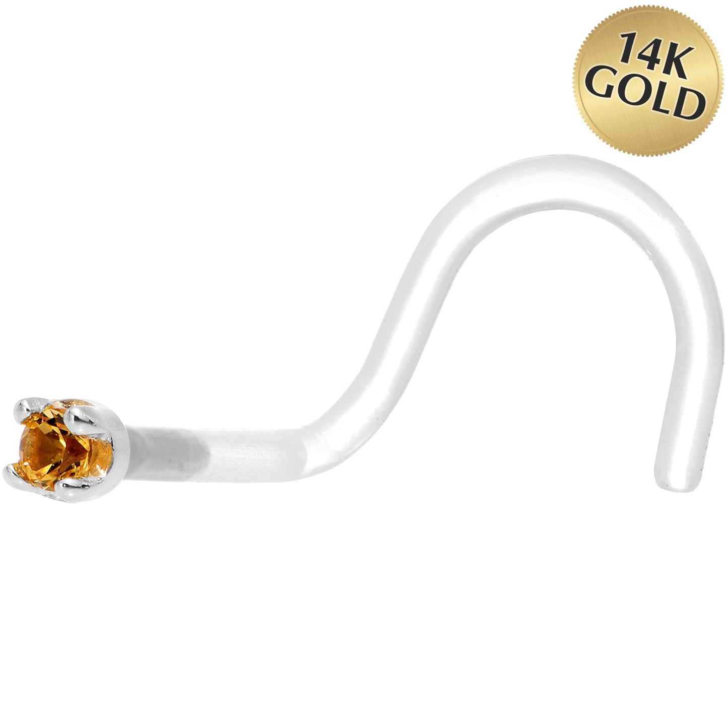 18G 1/4 White Gold 1.5mm Genuine Citrine Bioplast Nose Ring