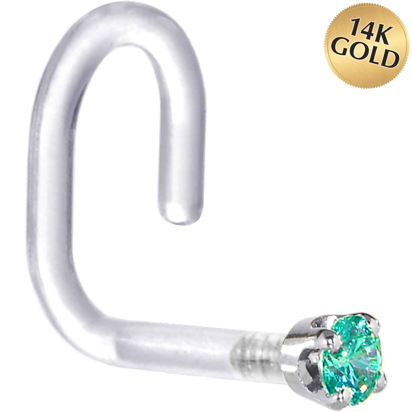 18G 1/4 White Gold 1.5mm Mint Green Cubic Zirconia Bioplast Nose Ring