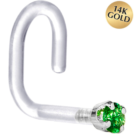 18G 1/4 White Gold 1.5mm Green Cubic Zirconia Bioplast Nose Ring