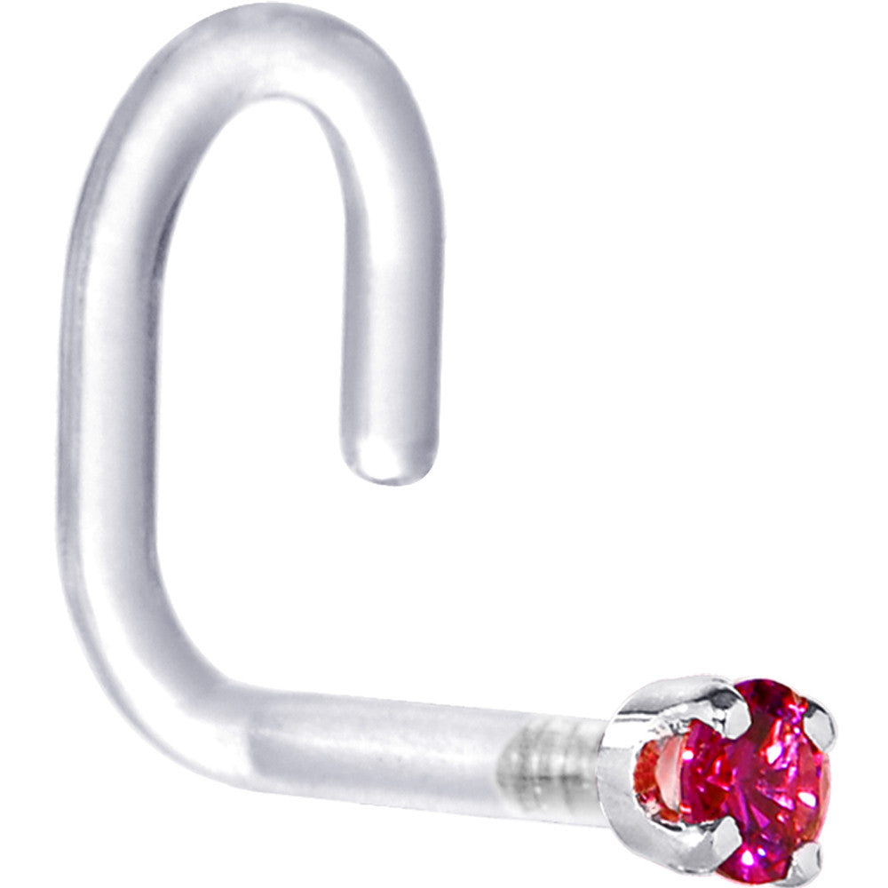 18G 1/4 White Gold 1.5mm Red Cubic Zirconia Bioplast Nose Ring