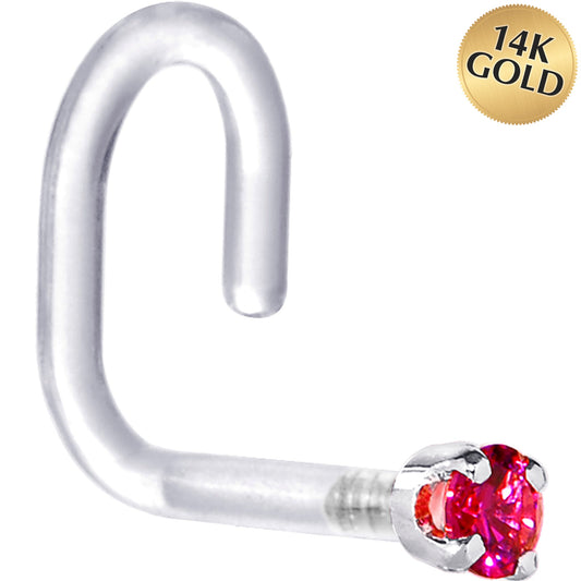 18G 1/4 White Gold 1.5mm Red Cubic Zirconia Bioplast Nose Ring