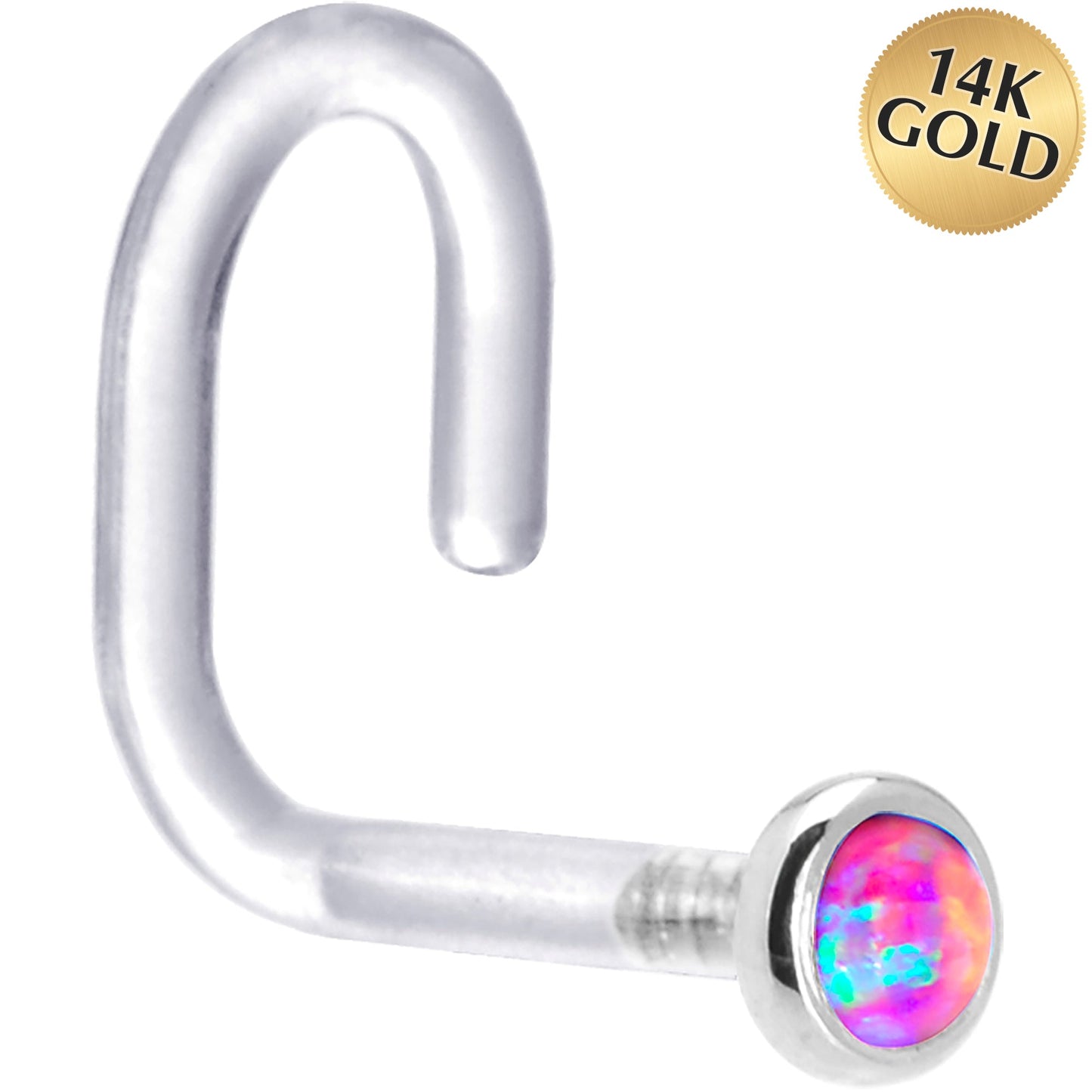 18G 1/4 White Gold 2mm Purple Synthetic Opal Bioplast Nose Ring