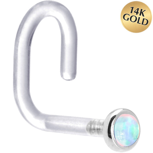 18G 1/4 White Gold 2mm White Synthetic Opal Bioplast Nose Ring