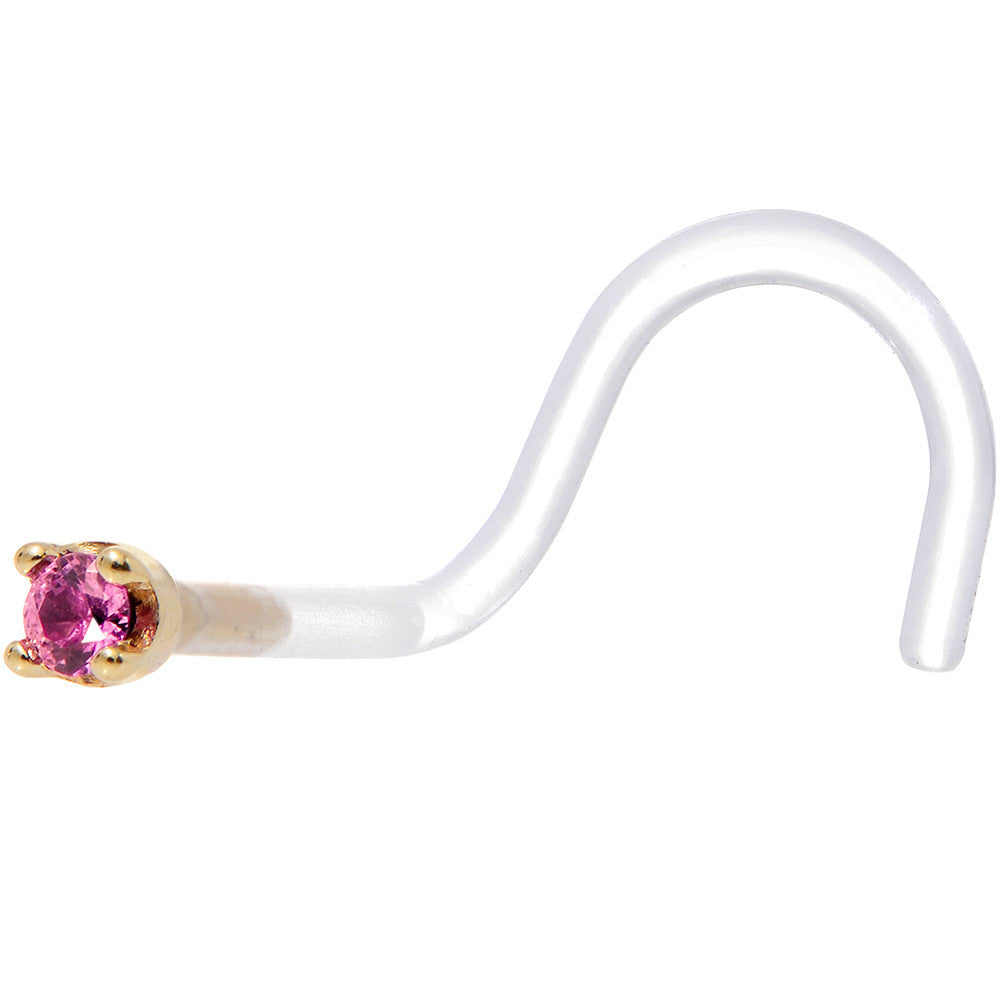 18G 1/4 Yellow Gold 1.5mm Genuine Pink Sapphire Bioplast Nose Ring