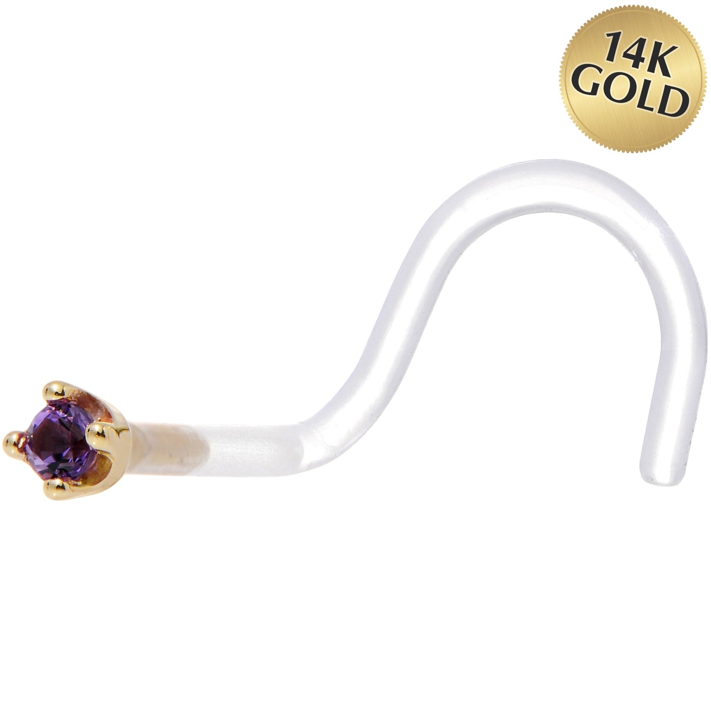 18G 1/4 Yellow Gold 1.5mm Genuine Amethyst Bioplast Nose Ring