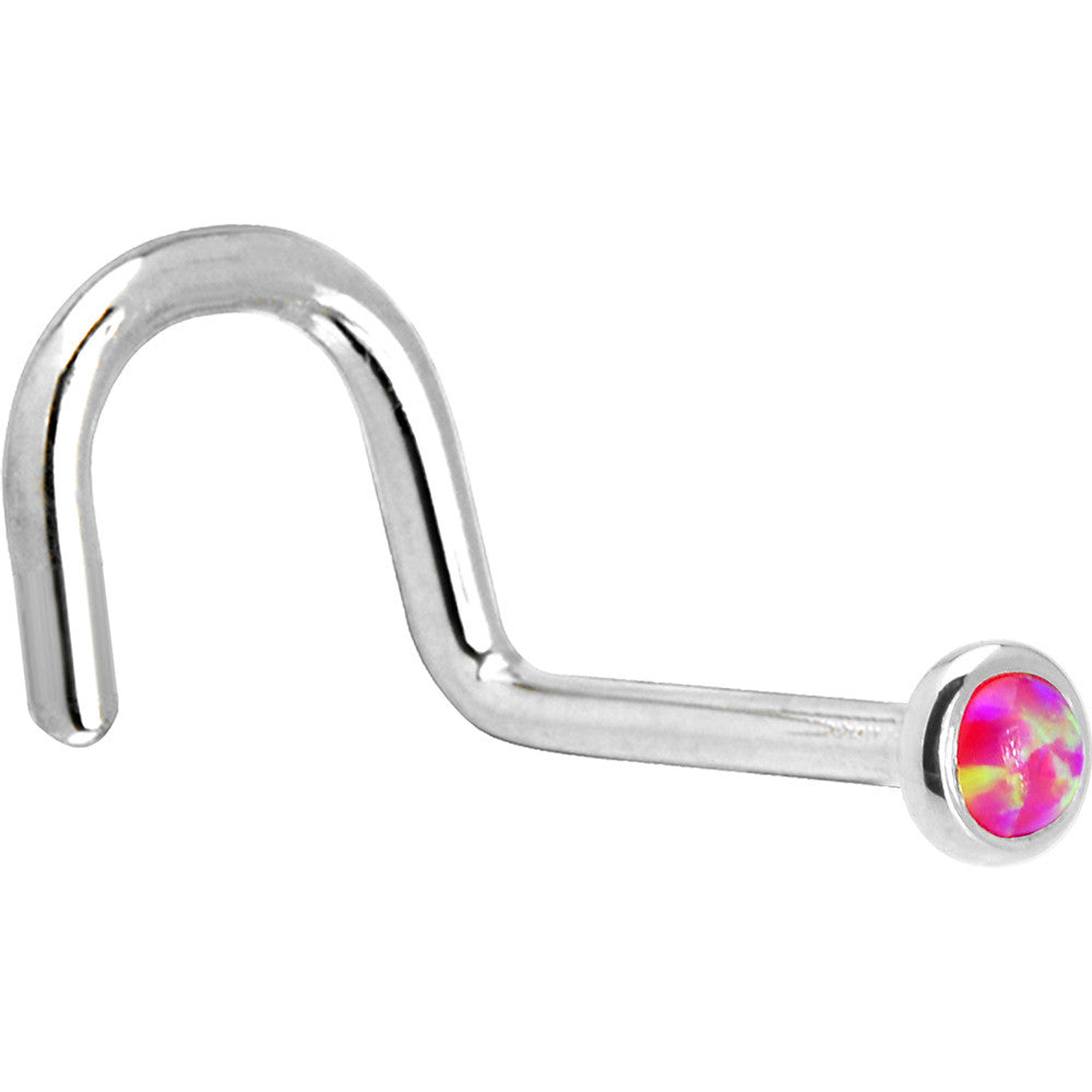 Solid 14K White Gold 2mm Brilliant Pink Synthetic Opal Nose Ring