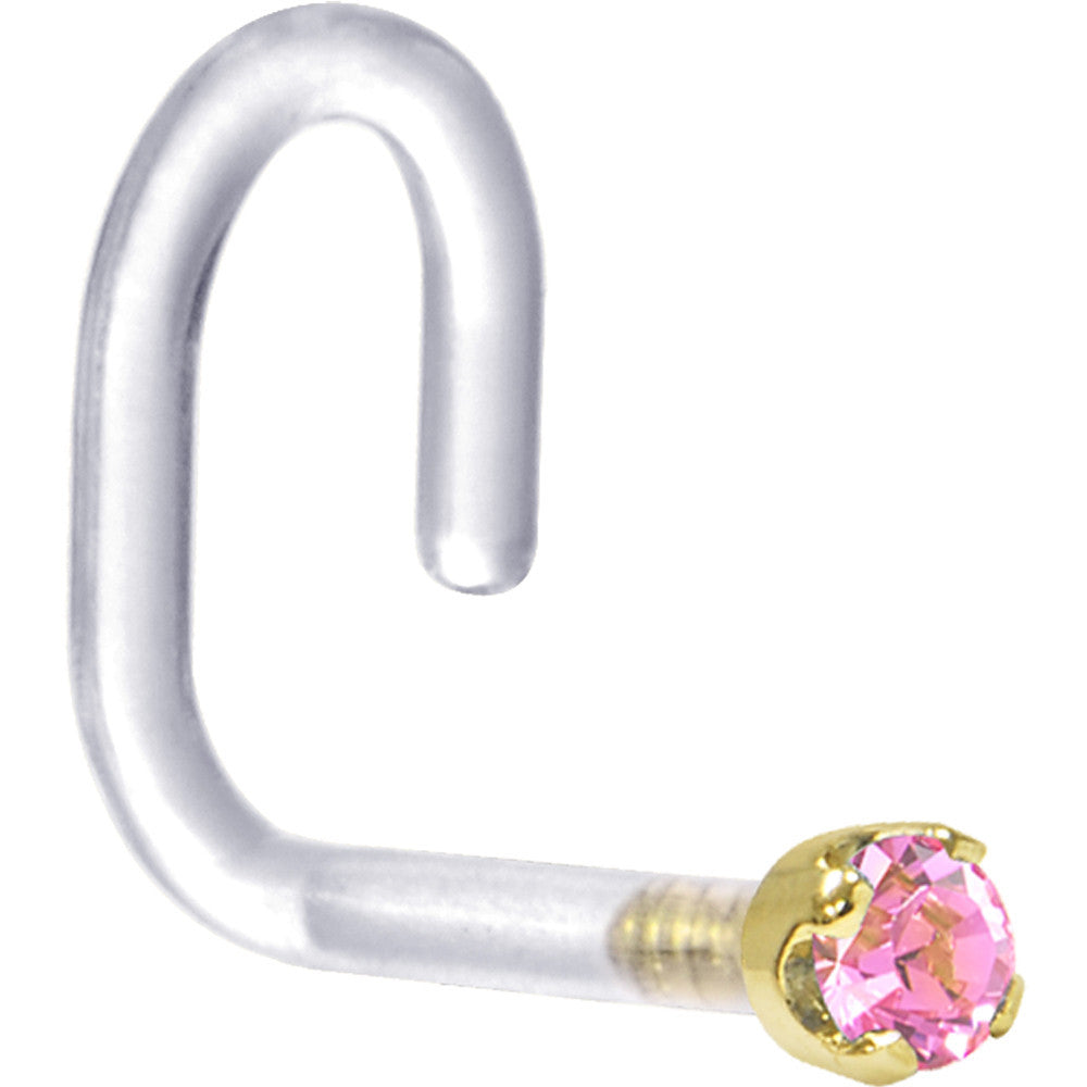 18G 1/4 Yellow Gold 1.5mm Pink Cubic Zirconia Bioplast Nose Ring