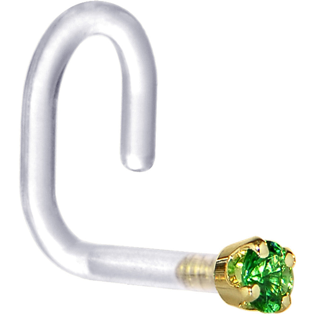 18G 1/4 Yellow Gold 1.5mm Green Cubic Zirconia Bioplast Nose Ring