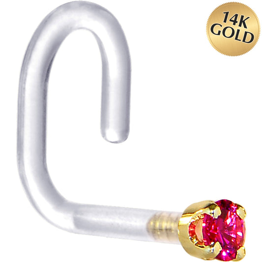 18G 1/4 Yellow Gold 1.5mm Red Cubic Zirconia Bioplast Nose Ring