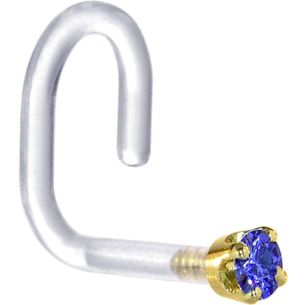 18G 1/4 Yellow Gold 1.5mm Blue Cubic Zirconia Bioplast Nose Ring