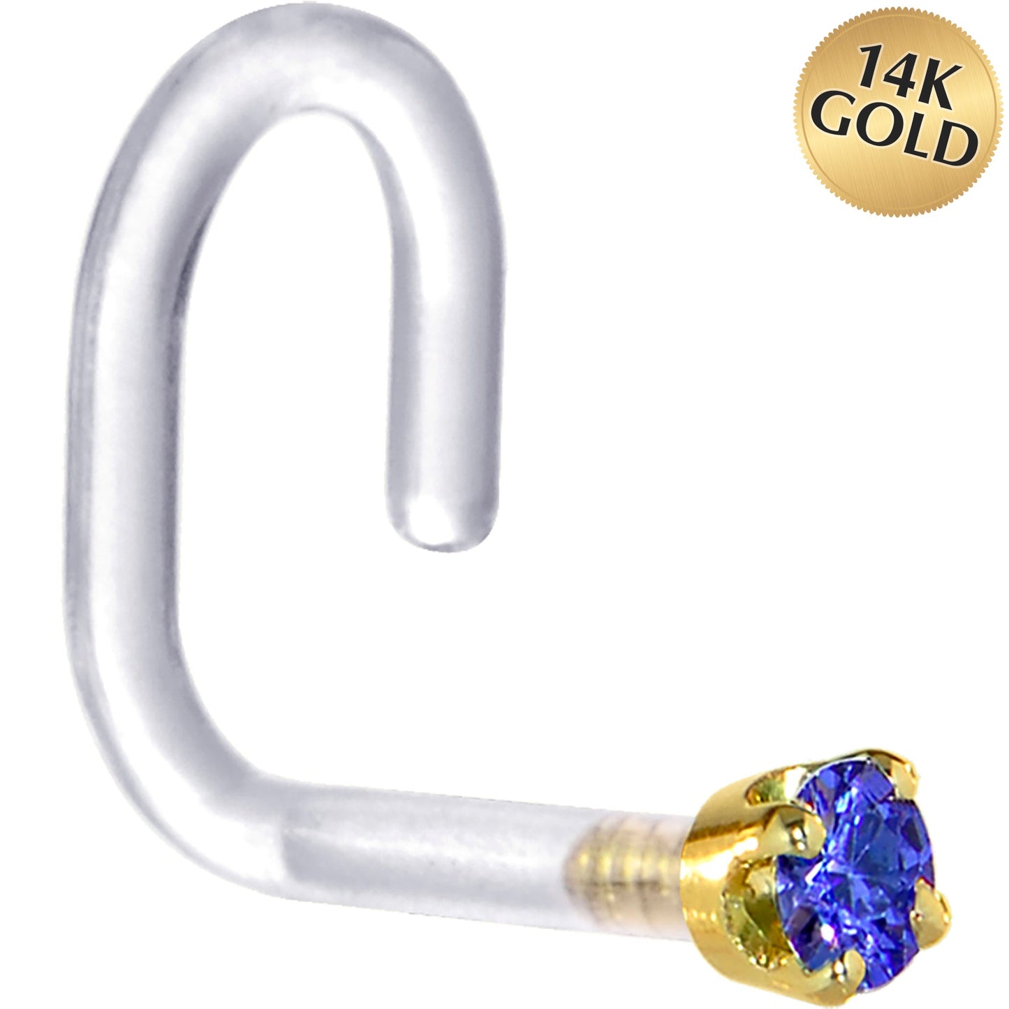 18G 1/4 Yellow Gold 1.5mm Blue Cubic Zirconia Bioplast Nose Ring