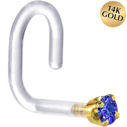 18G 1/4 Yellow Gold 1.5mm Blue Cubic Zirconia Bioplast Nose Ring