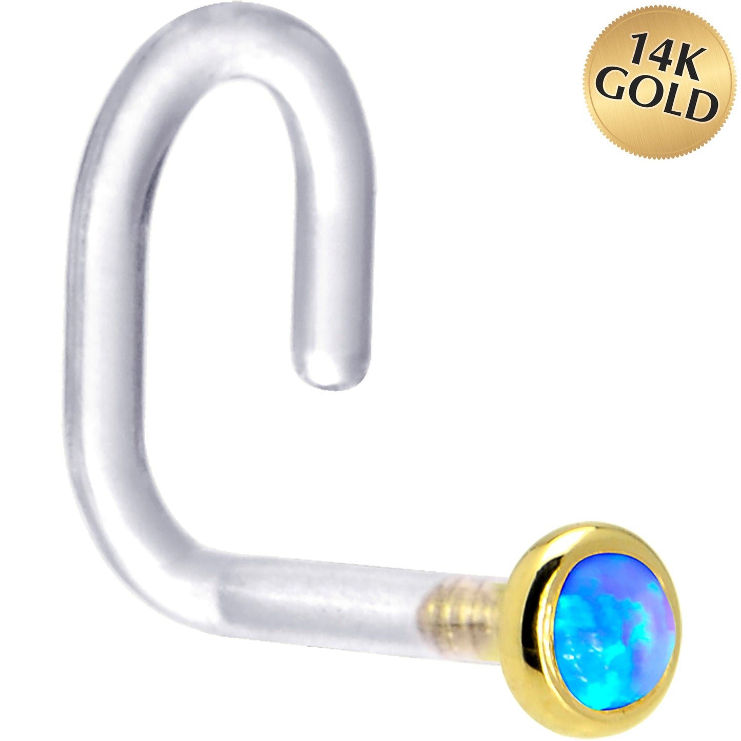 18G 1/4 Yellow Gold 2mm Blue Synthetic Opal Bioplast Nose Ring