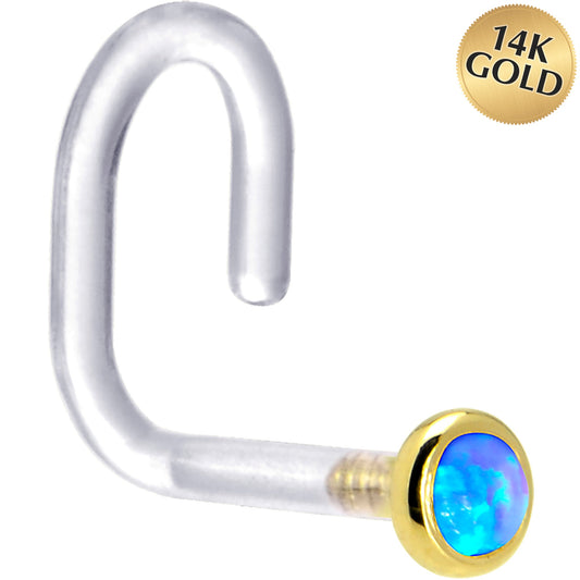 18G 1/4 Yellow Gold 2mm Blue Synthetic Opal Bioplast Nose Ring