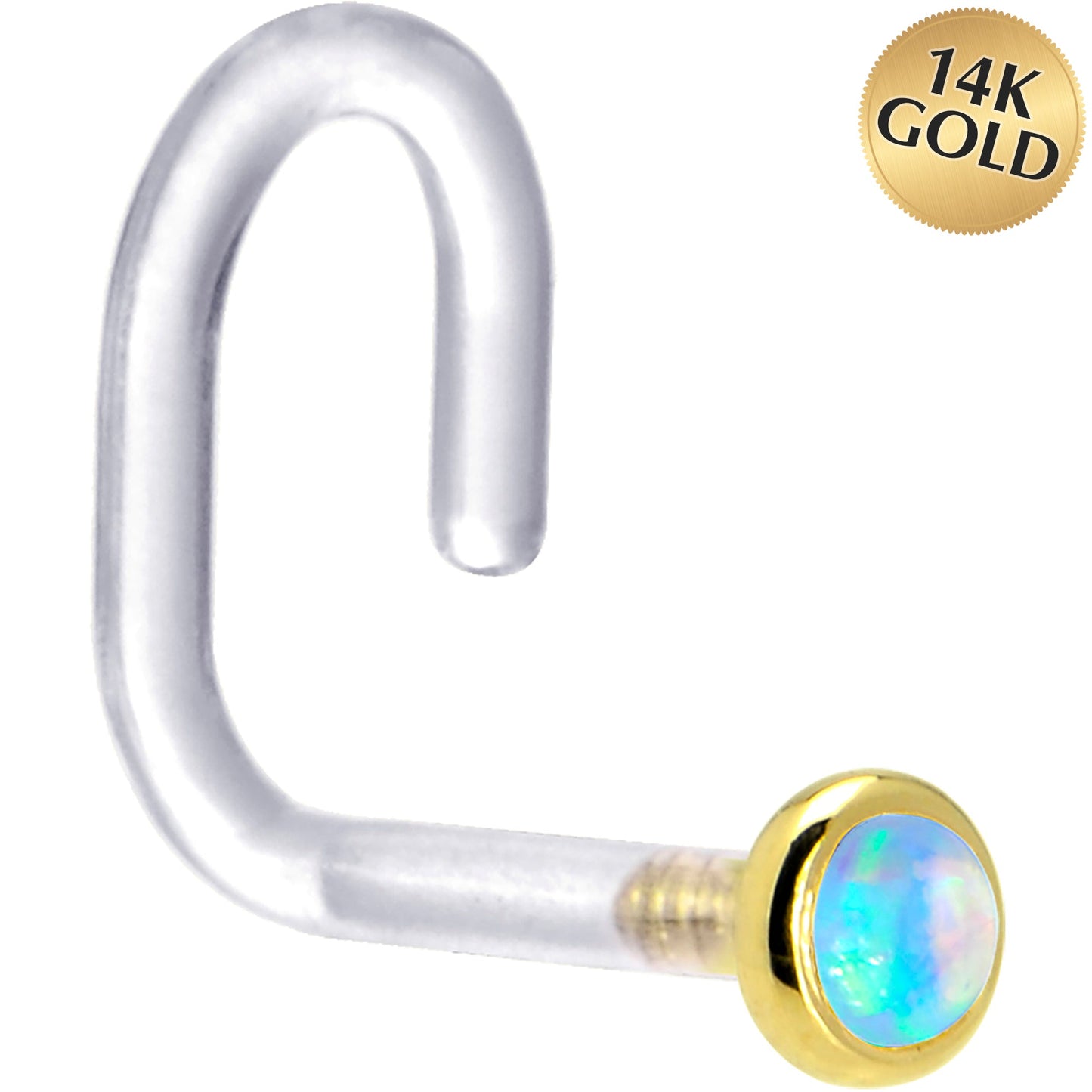 18G 1/4 Yellow Gold 2mm Light Blue Synthetic Opal Bioplast Nose Ring