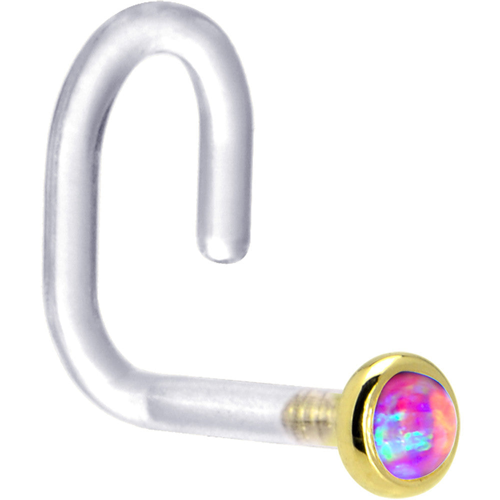 18G 1/4 Yellow Gold 2mm Purple Synthetic Opal Bioplast Nose Ring
