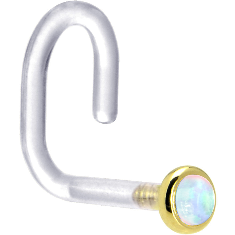 18G 1/4 Yellow Gold 2mm White Synthetic Opal Bioplast Nose Ring