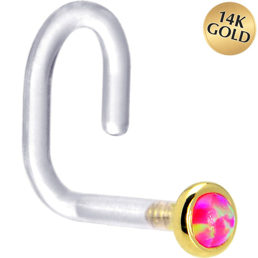 18G 1/4 Yellow Gold 2mm Brilliant Pink Synthetic Opal Bioplast Nose Ring