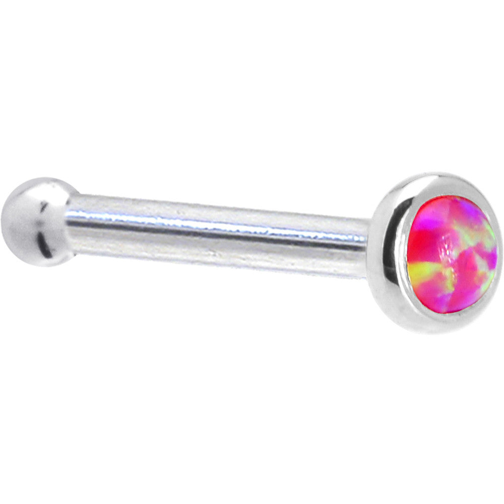 Solid 14K White Gold 2mm Brilliant Pink Synthetic Opal Nose Ring