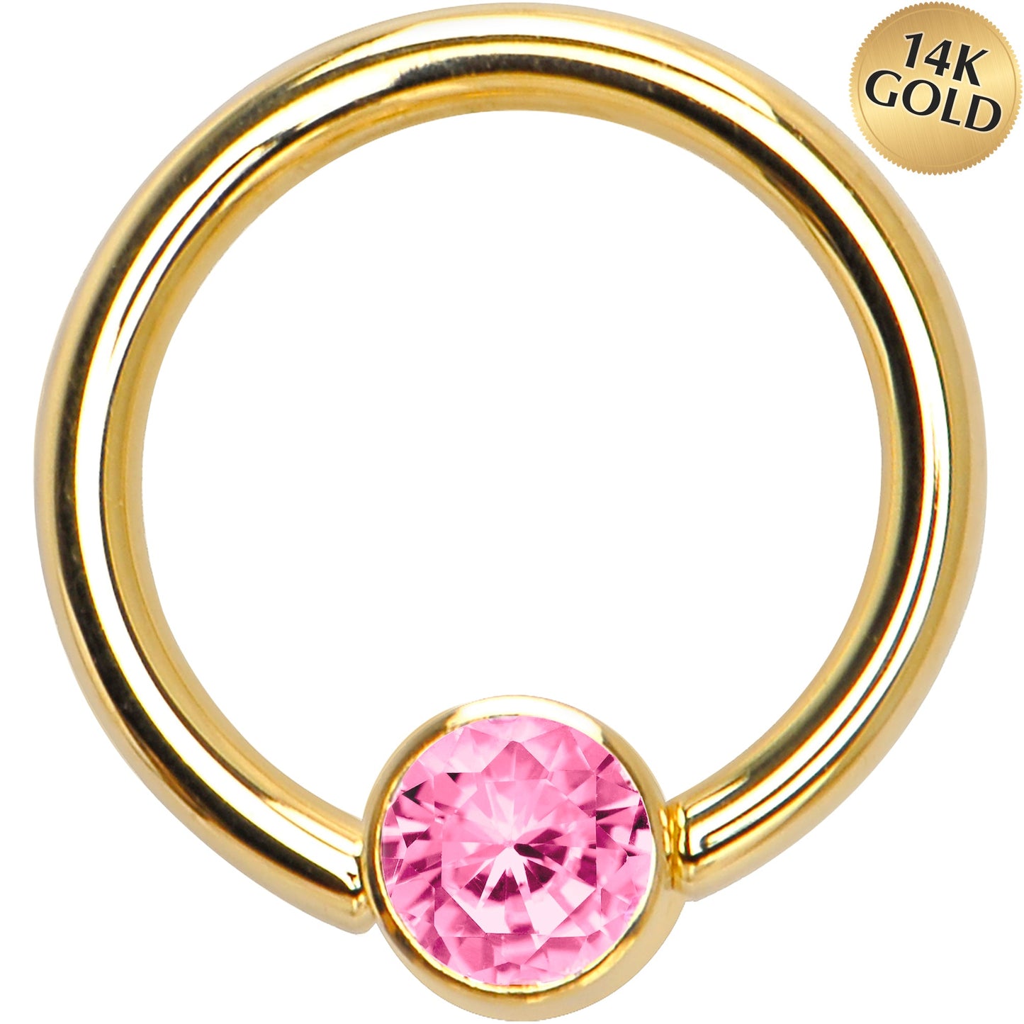 14G 3/8 Solid 14K Gold Pink CZ Gem BCR Captive Ring