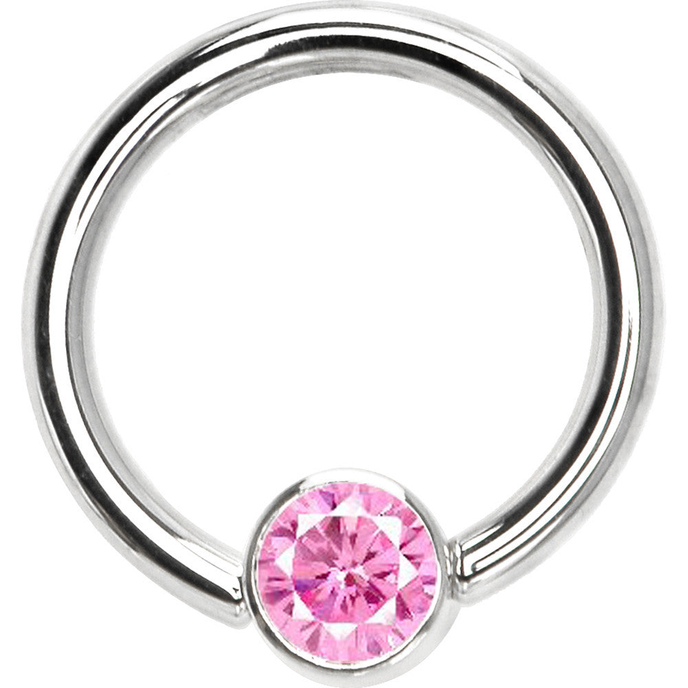 14G 3/8 Solid 14K White Gold Pink CZ Gem Captive Ring