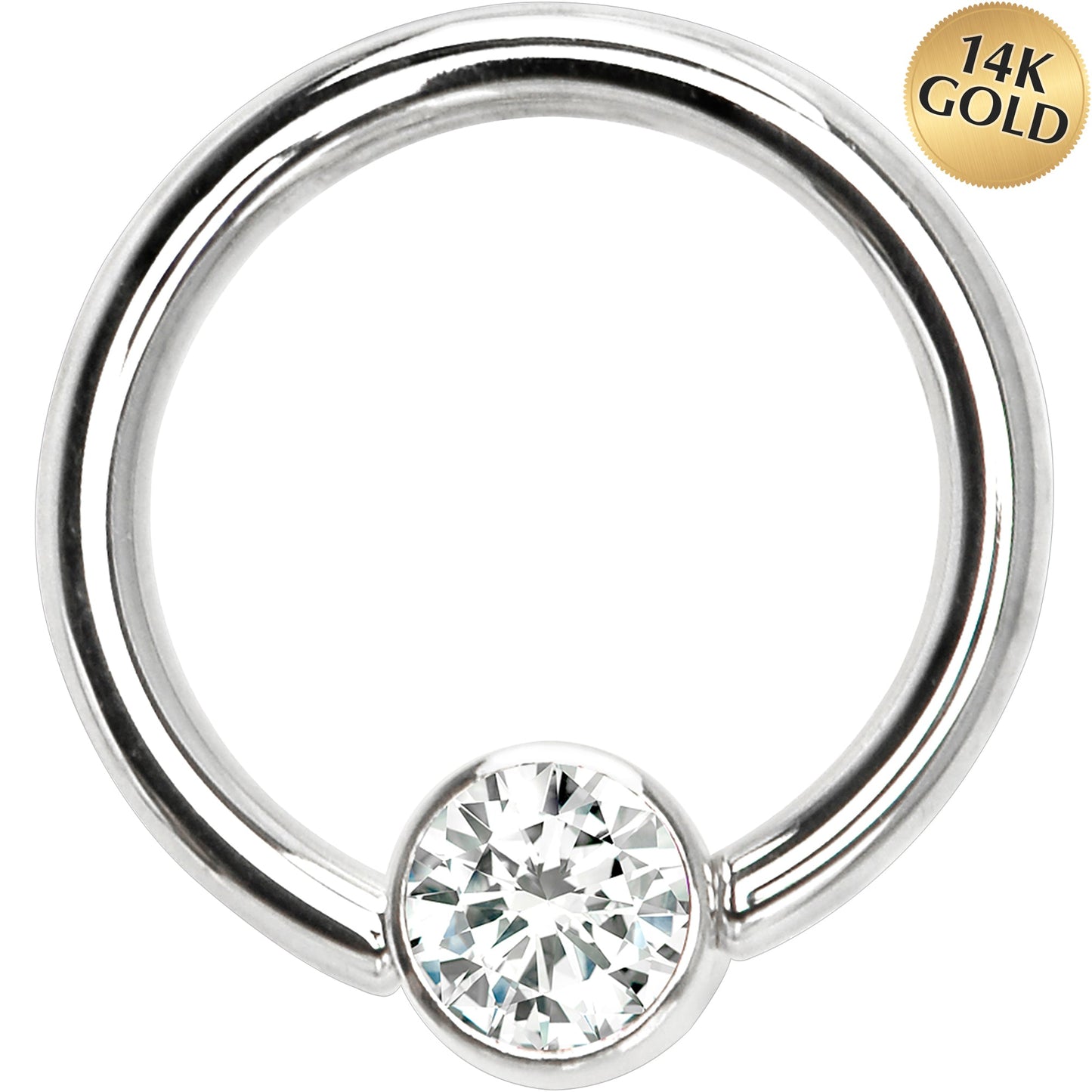 14G 3/8 Solid 14K White Gold Clear CZ Gem BCR Captive Ring