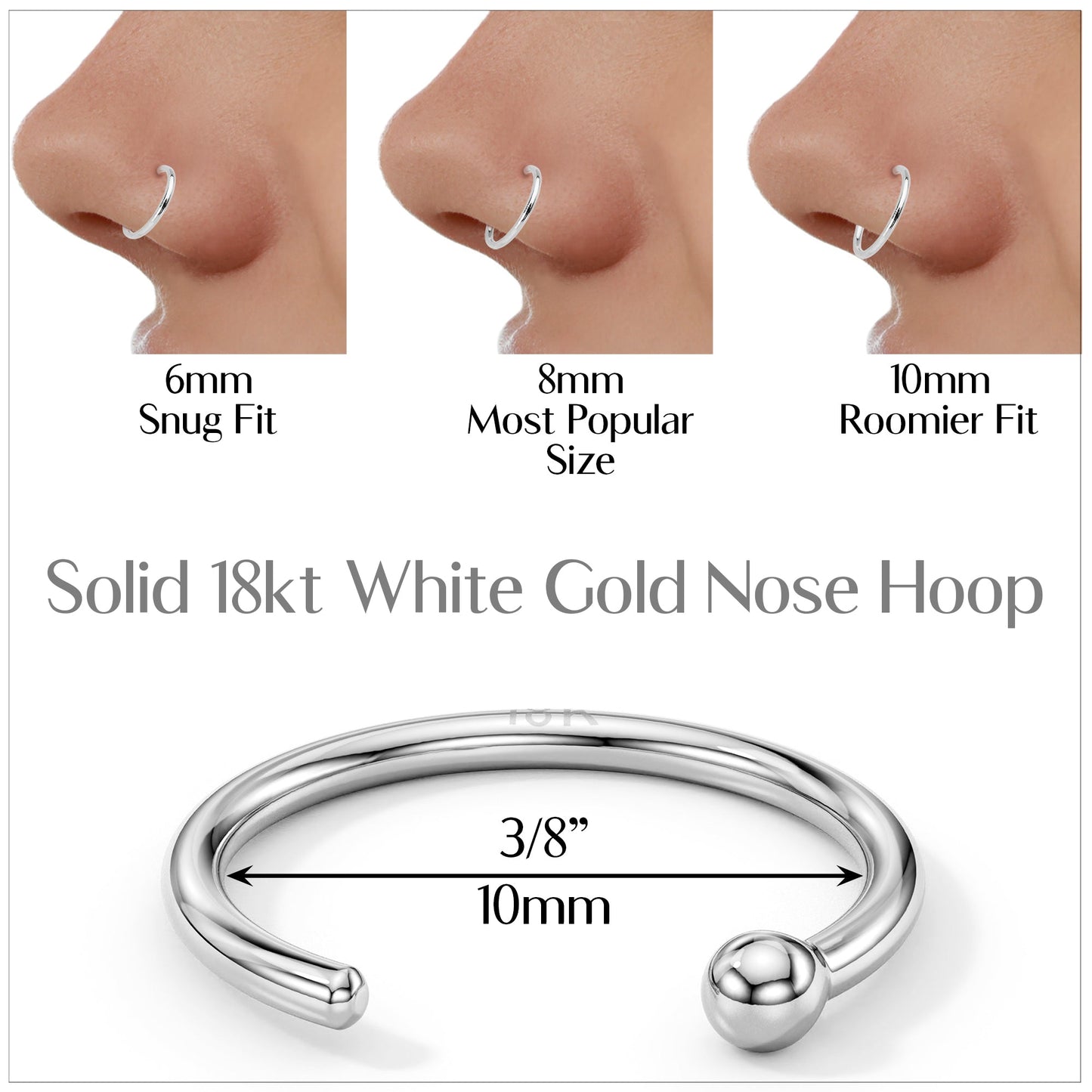 20G 3/8 Solid 18K White Gold Nose Hoop