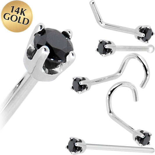 Solid 14K White Gold 2mm Black Cubic Zirconia Nose Ring