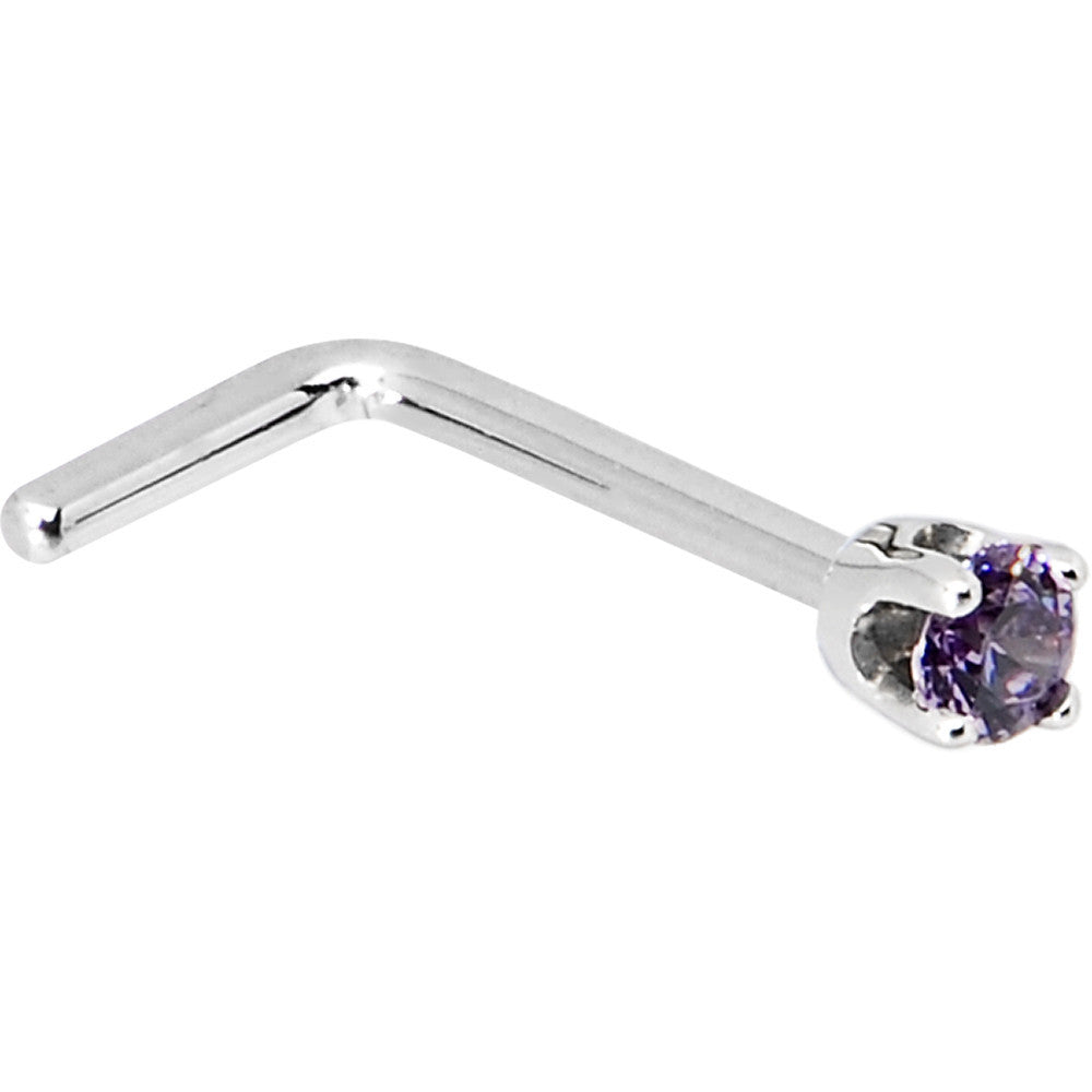 Solid 14K White Gold 2mm Amethyst Cubic Zirconia Nose Ring