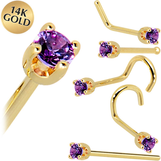 Solid 14K Yellow Gold 2mm Amethyst Cubic Zirconia Nose Ring