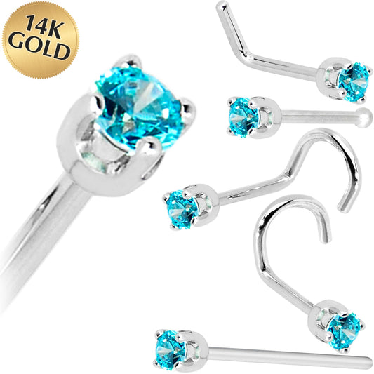 Solid 14K White Gold 2mm Mint Green Cubic Zirconia Nose Ring