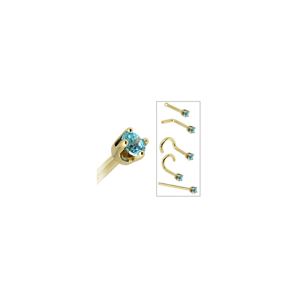 Solid 14K Yellow Gold 2mm Mint Green Cubic Zirconia Nose Ring