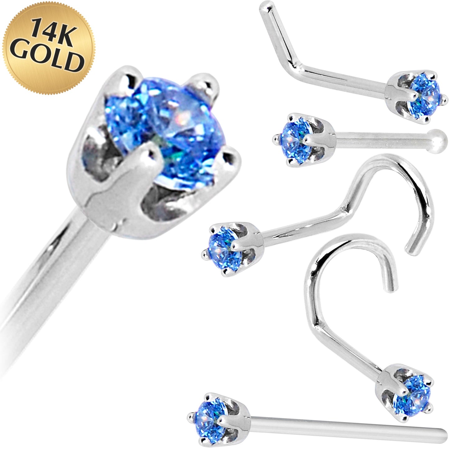 Solid 14K White Gold 2mm Arctic Blue Cubic Zirconia Nose Ring